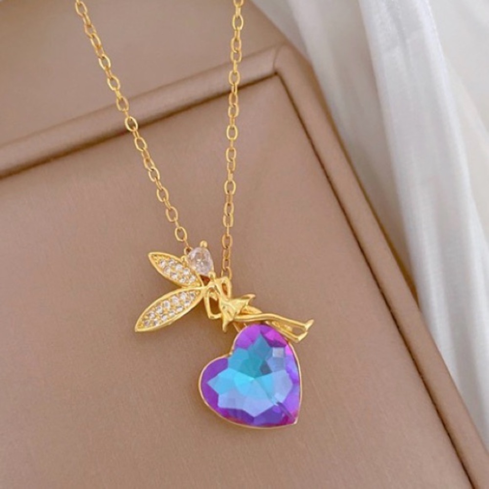 Stainless Steel Gold Fairy Pendant Necklace with Blue-Purple Heart